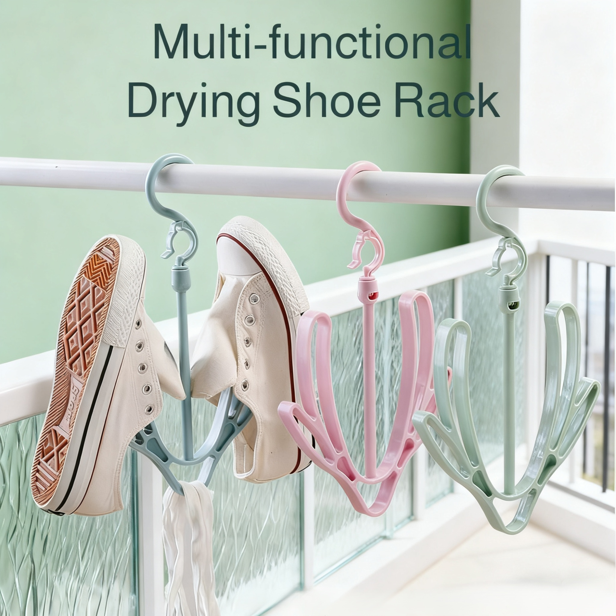 Outdoor balcony hanging shoe rack showcasing multiple pairs of shoes