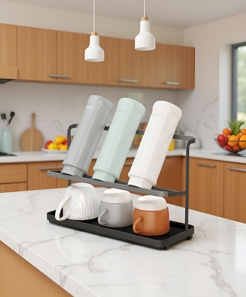 Close-up of double-layer cup rack with cups