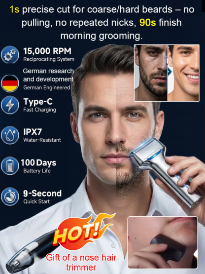 🔋【Ultra-Long Battery】Wet & Dry Foil Shaver for Tough Beards 