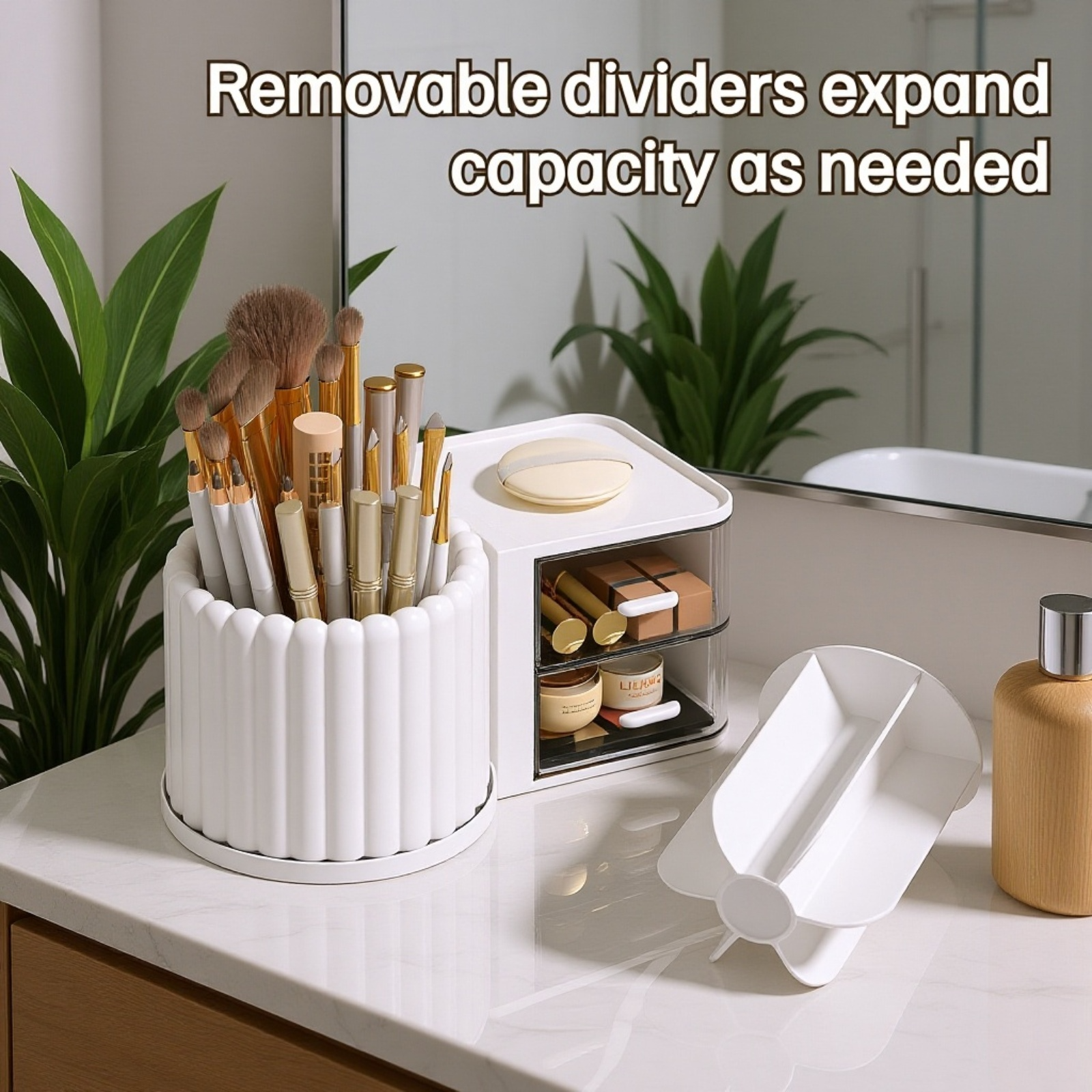 Makeup and skincare products arranged in a luxury storage box