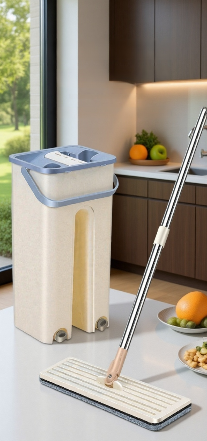 Flat mop with 360-degree swivel head for easy maneuvering