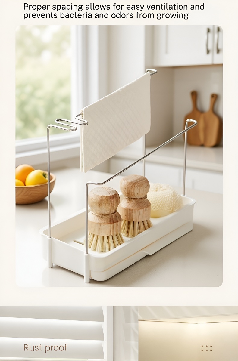 Kitchen storage rack organizing spices and towels