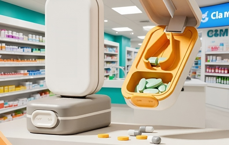 Pill cutter tool cutting a tablet into halves