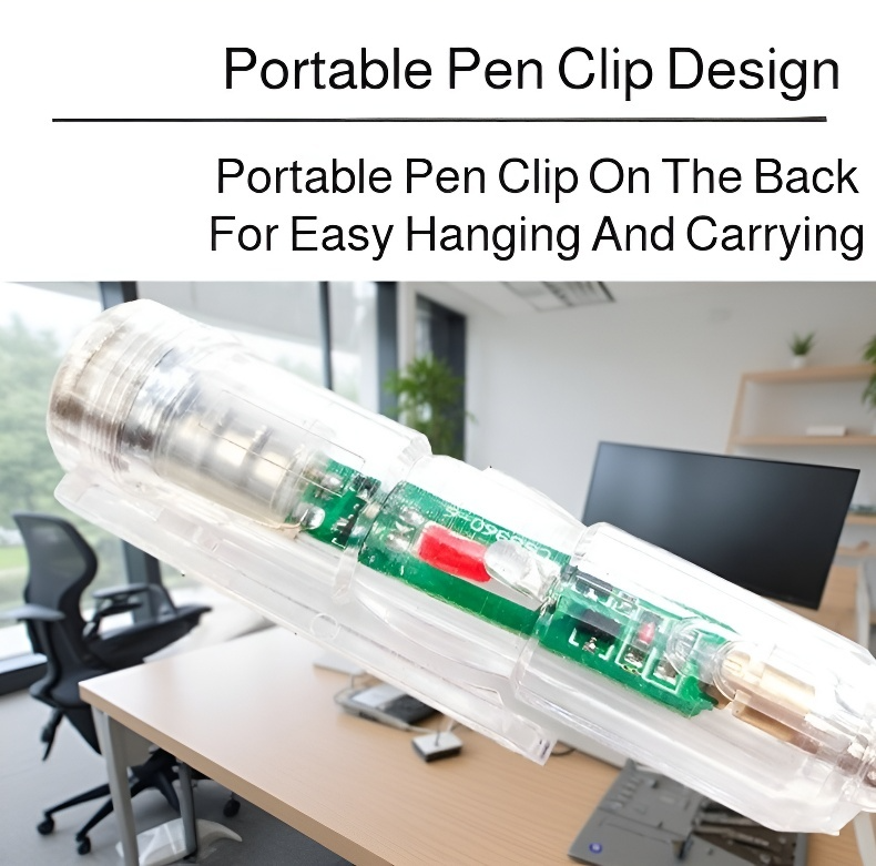 Hand holding Smart Induction Electric Tester Pen near wires