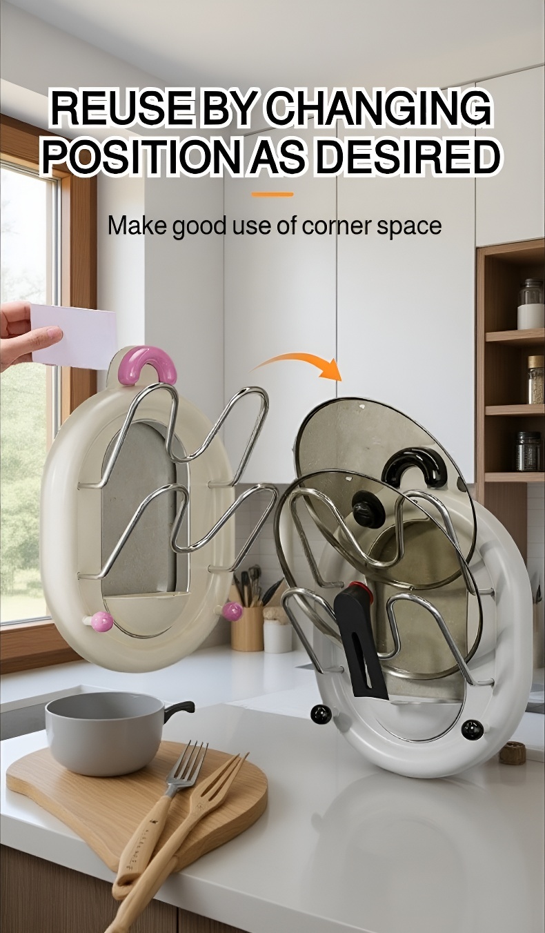 Modern kitchen with no-punch pot lid storage rack