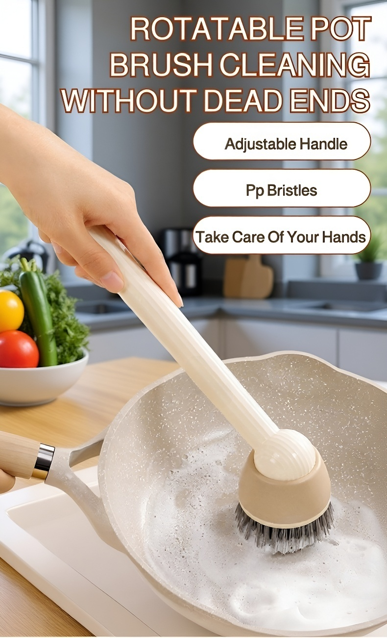 Adjustable Rotating Long Handle Pot Brush for kitchen cleaning
