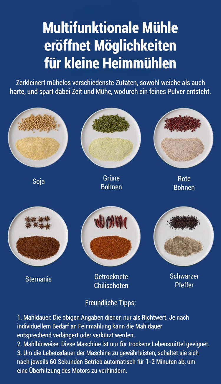 Getreidemühle und verschiedene Getreidesorten auf einem Tisch