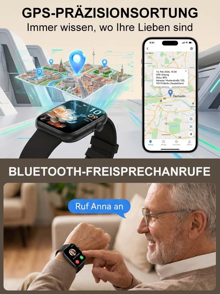 VitalGuard Pro Smartwatch | 24h EKG und Sturzerkennung für Senioren | Deutscher Präzisionssensormit GPS ❤️⌚