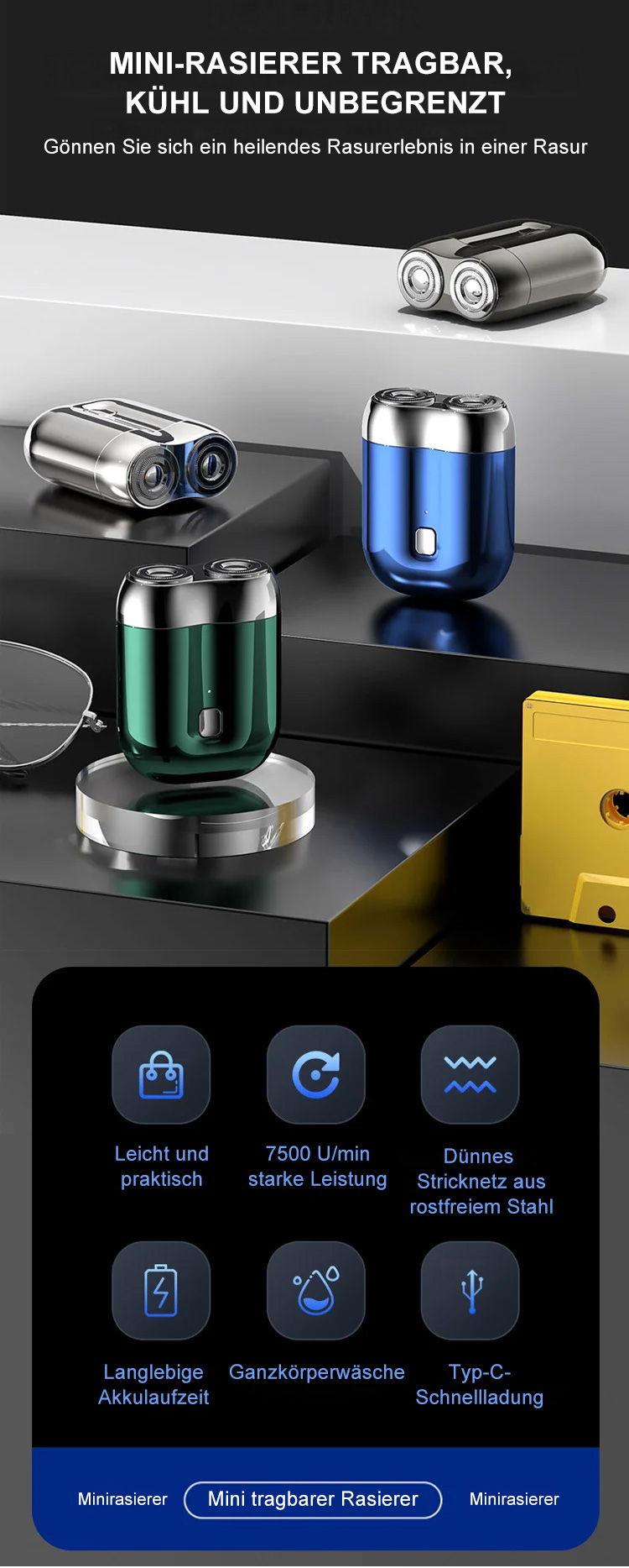 Präziser Elektrorasierer mit zwei Scherköpfen