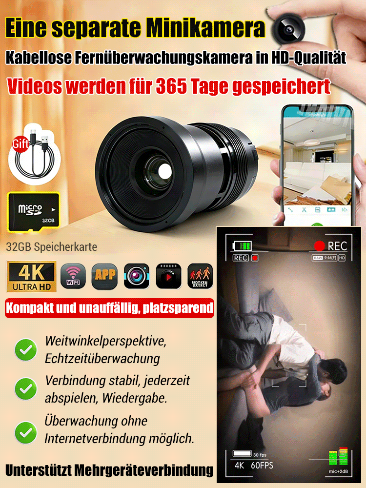【Montage ohne Bohren】AI Mini-Sicherheitskamera Kabellos | Ohne Abo-Gebühren | 6 Monate Akku-Laufzeit | AES-256 Datenschutz | Inkl. 32GB Karte | IP65 für Innen und Außen 📷 🛡️