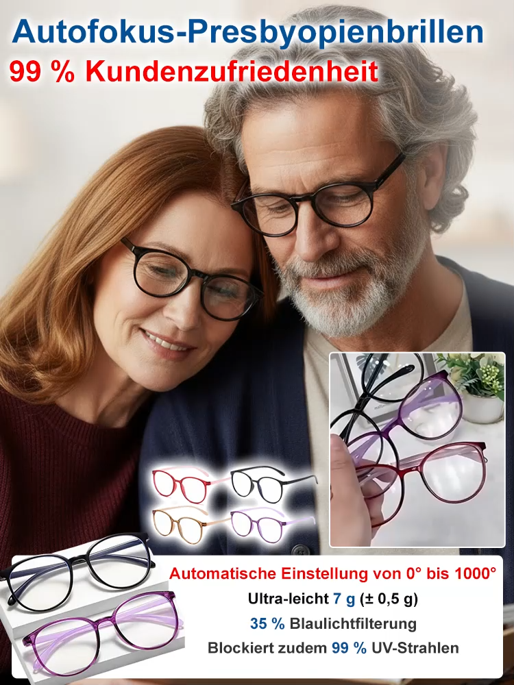 【Kein Sehtest Nötig】Adaptive Flüssigkristall Fokus Brille | 0 bis 10,0 dpt Einstellbar | Autofokus 0,01s |Ultraleicht 6g | Kratzfest & Robust 👓