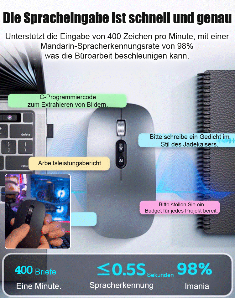 Multifunktionale kabellose Dreimodus-Maus mit Sprachübersetzung