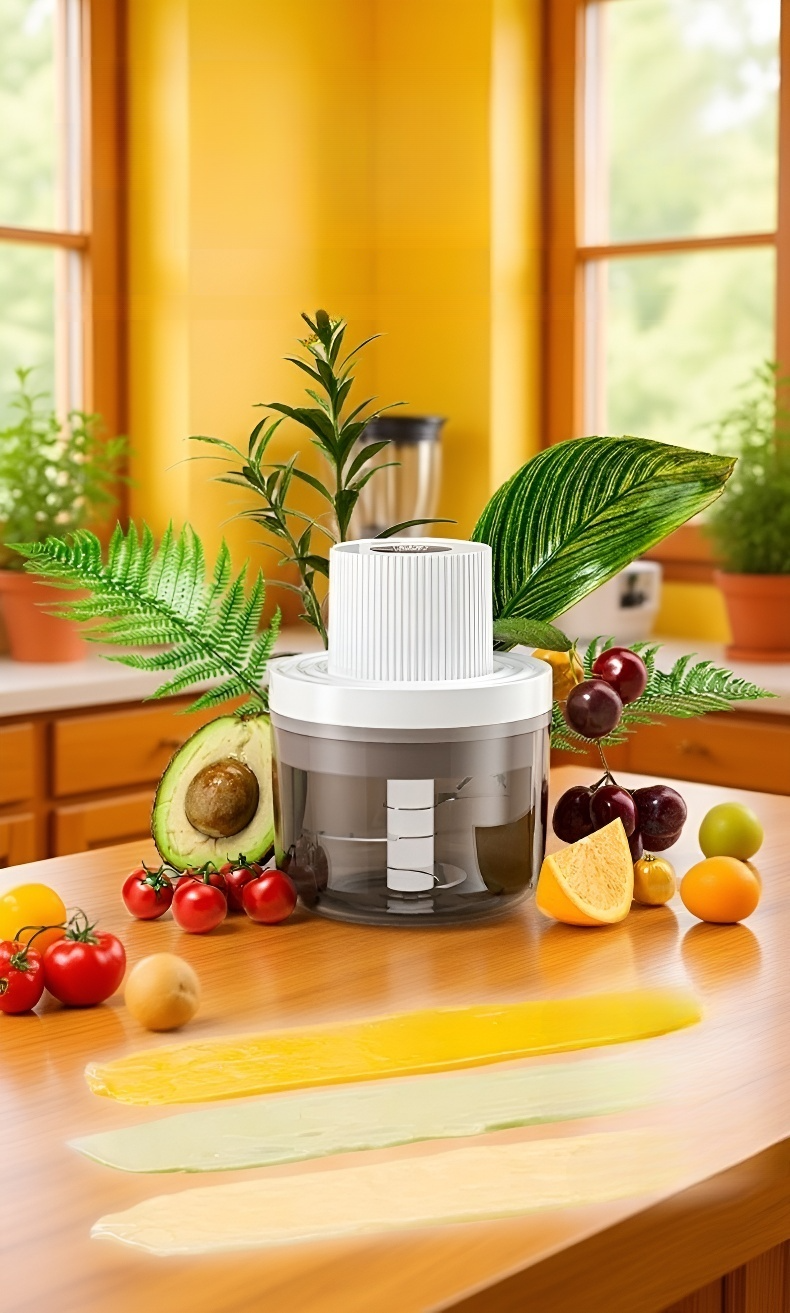 Elektrischer Mixer zerkleinert Obst und Gemüse