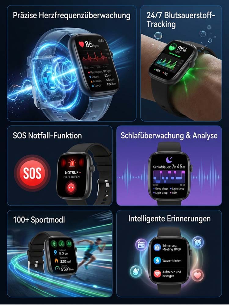 VitalGuard Pro Smartwatch | 24h EKG und Sturzerkennung für Senioren | Deutscher Präzisionssensormit GPS ❤️⌚