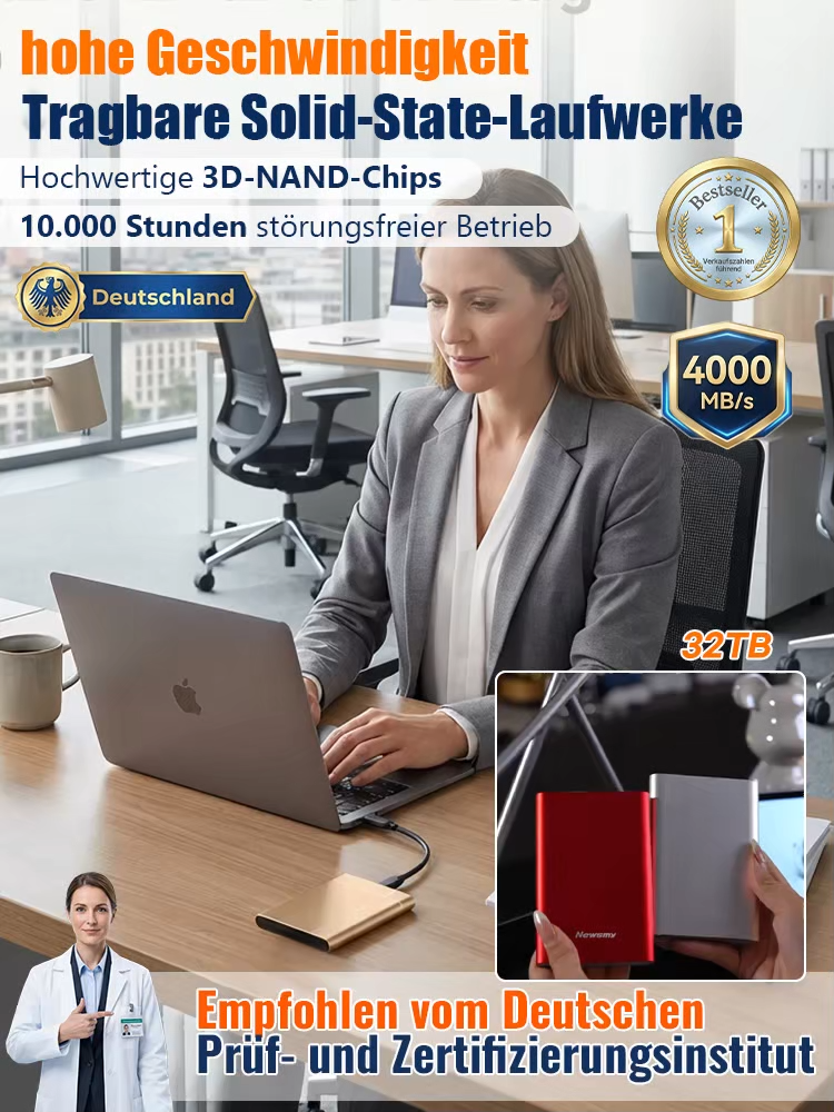 Dresden Tech Pro 32TB Hochsicherheits-Speicher ✨IP67 Datentresor✨Plug & Play für Windows & Mac