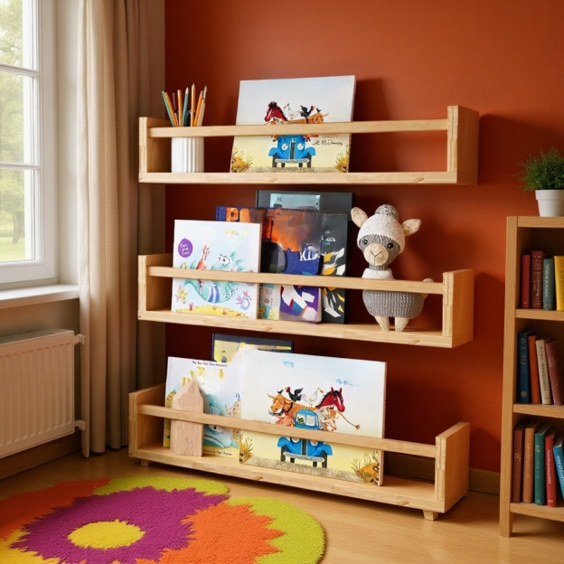 Suport de perete din lemn pentru cărți, reviste, picturi și condimente