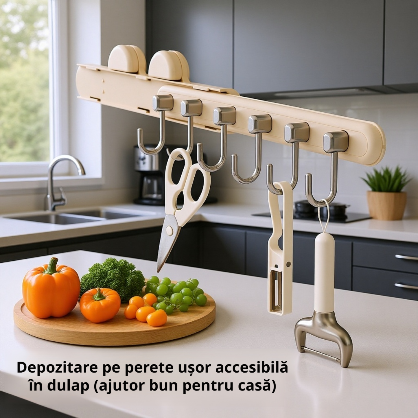 Agățător cu ventuză, montaj rapid fără găuri, nu lasă urme, pentru bucătărie