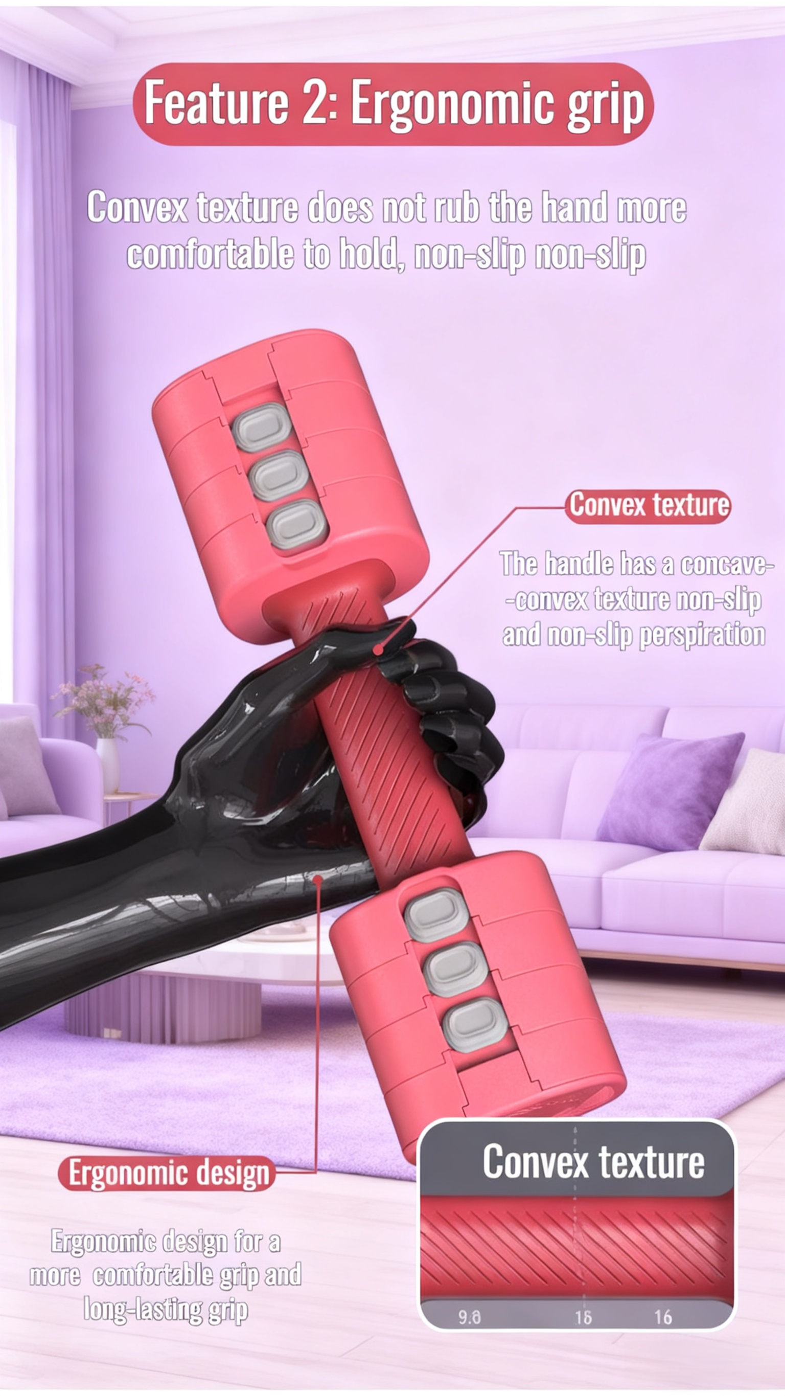 Ergonomic handle design on coated dumbbell