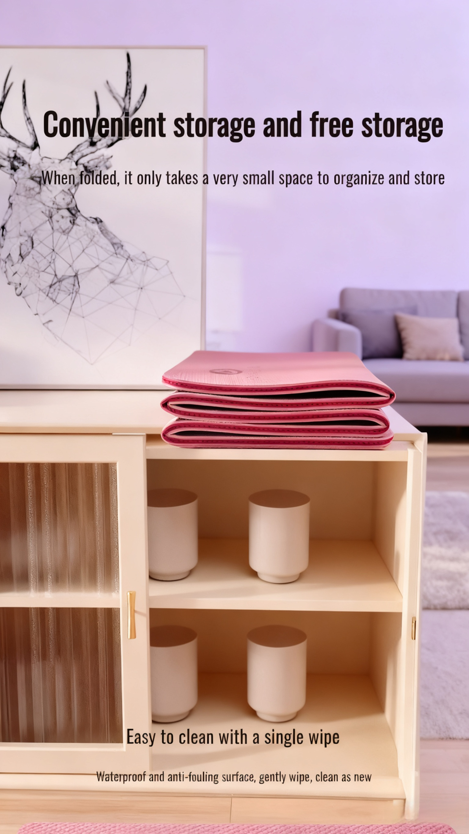 Portable yoga mat folded for easy storage