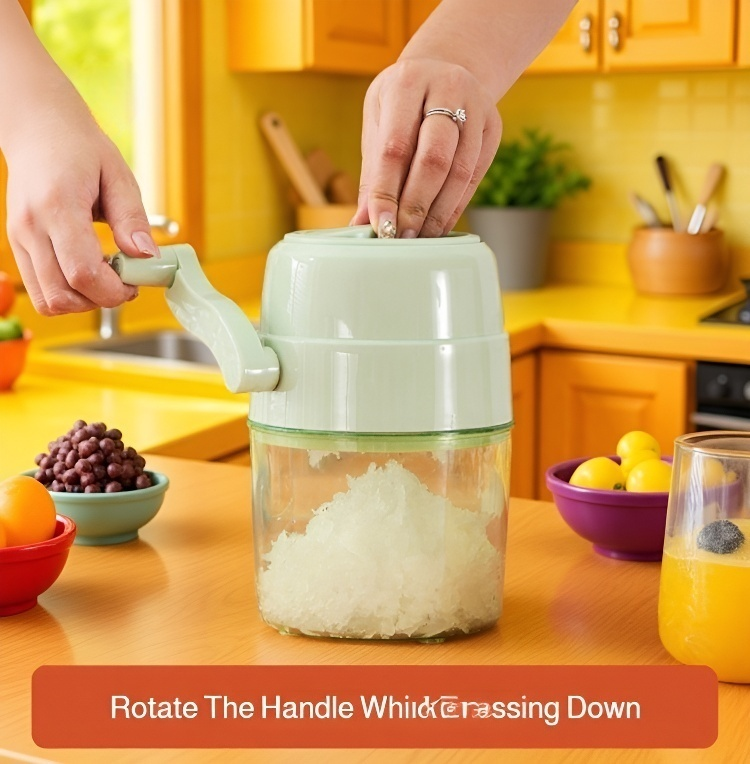 Manual ice crusher preparing ice for desserts