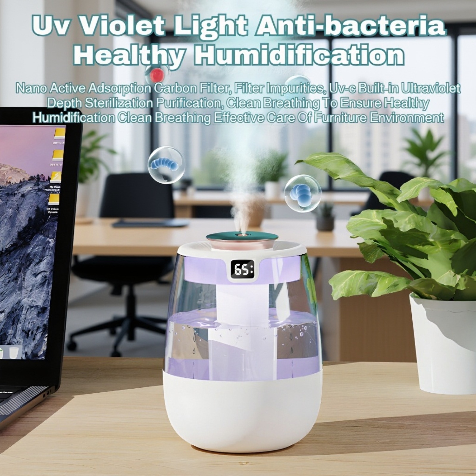 Close-up of dual nozzles on air humidifier for efficient mist output