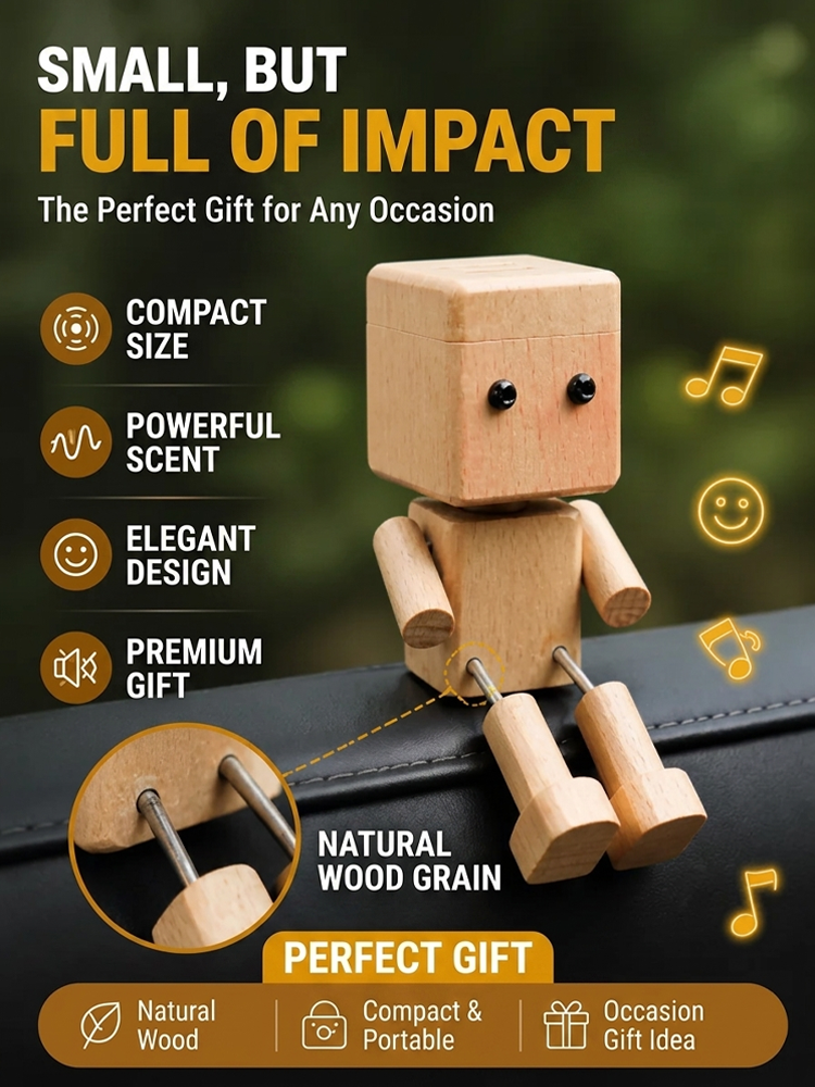 ✨ [Viral On Social Media] ✨ Premium Handcrafted Solid Wood Car Aromatherapy Robot with swinging legs and premium forest scent for the ultimate cute and stress-free driving vibe 🚗
