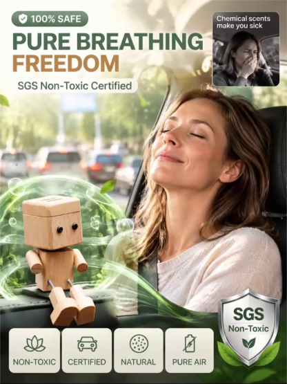 ✨ [Viral On Social Media] ✨ Premium Handcrafted Solid Wood Car Aromatherapy Robot with swinging legs and premium forest scent for the ultimate cute and stress-free driving vibe 🚗