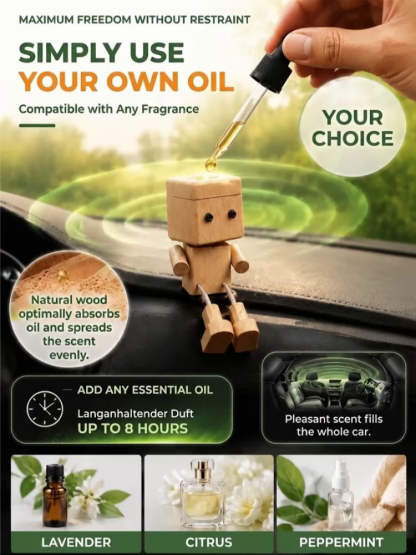 ✨ [Viral On Social Media] ✨ Premium Handcrafted Solid Wood Car Aromatherapy Robot with swinging legs and premium forest scent for the ultimate cute and stress-free driving vibe 🚗
