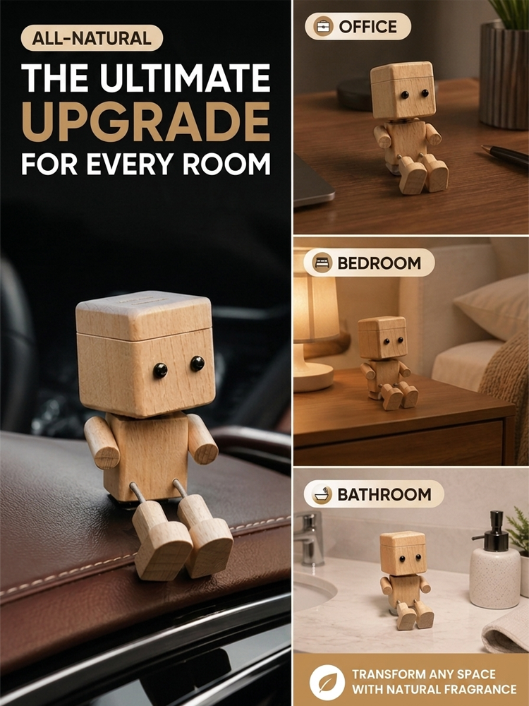 ✨ [Viral On Social Media] ✨ Premium Handcrafted Solid Wood Car Aromatherapy Robot with swinging legs and premium forest scent for the ultimate cute and stress-free driving vibe 🚗