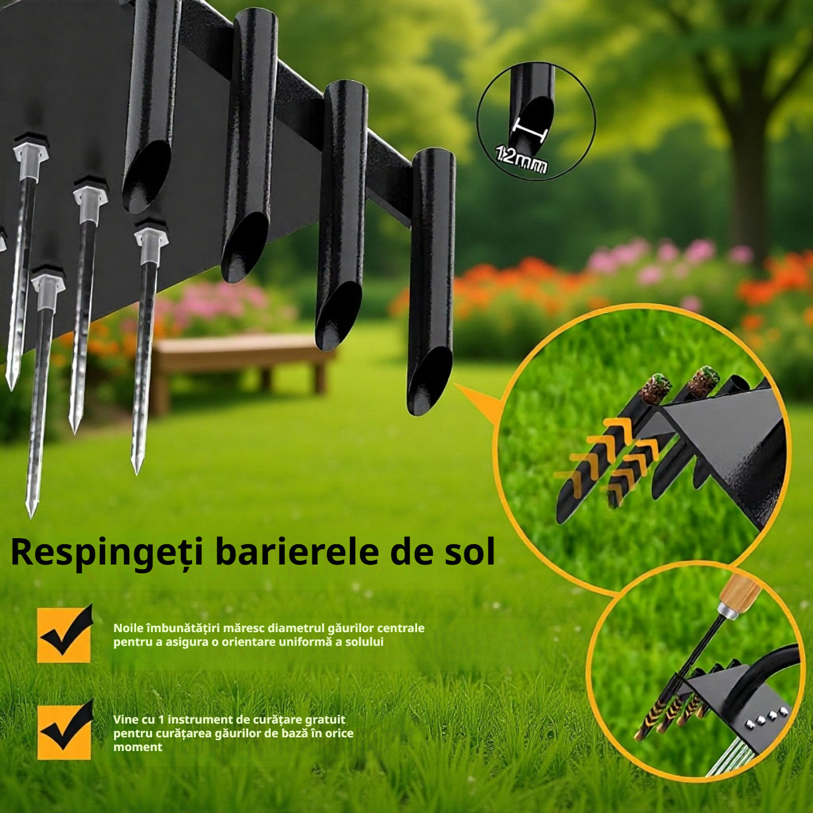 Aerator de gazon manual din oțel carbon, pentru afânarea solului