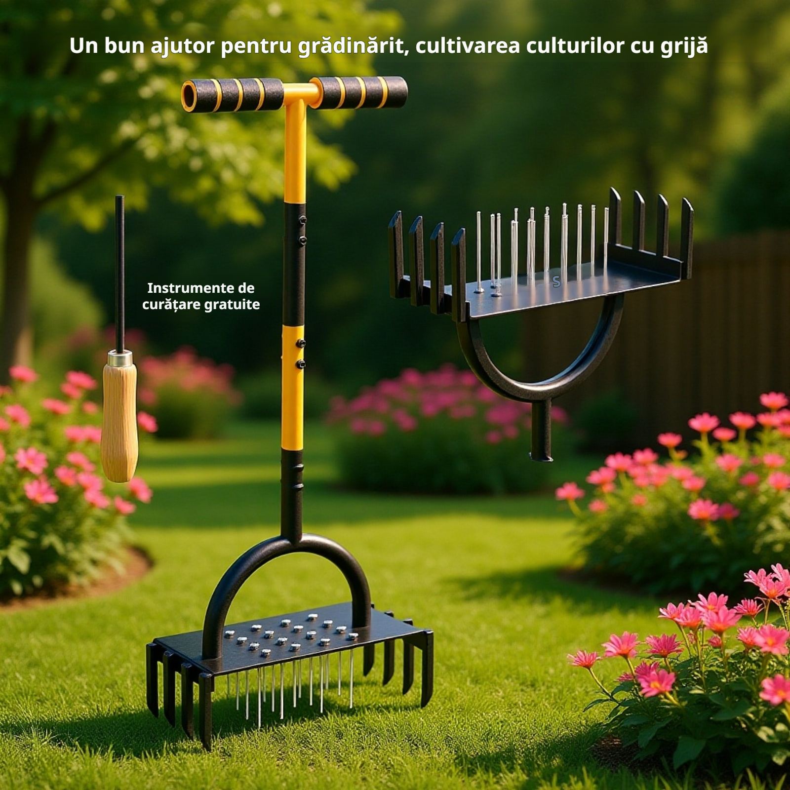 Aerator de gazon manual din oțel carbon, pentru afânarea solului