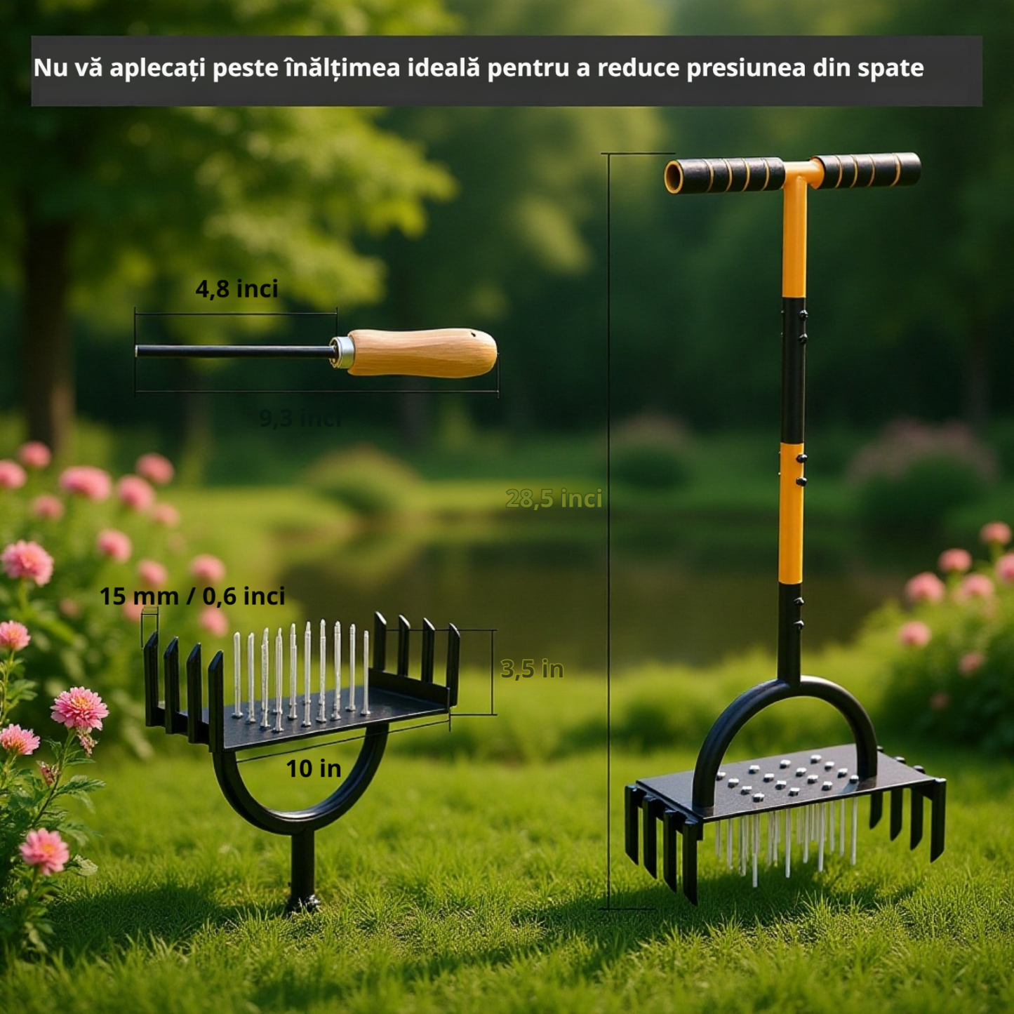 Aerator de gazon manual din oțel carbon, pentru afânarea solului