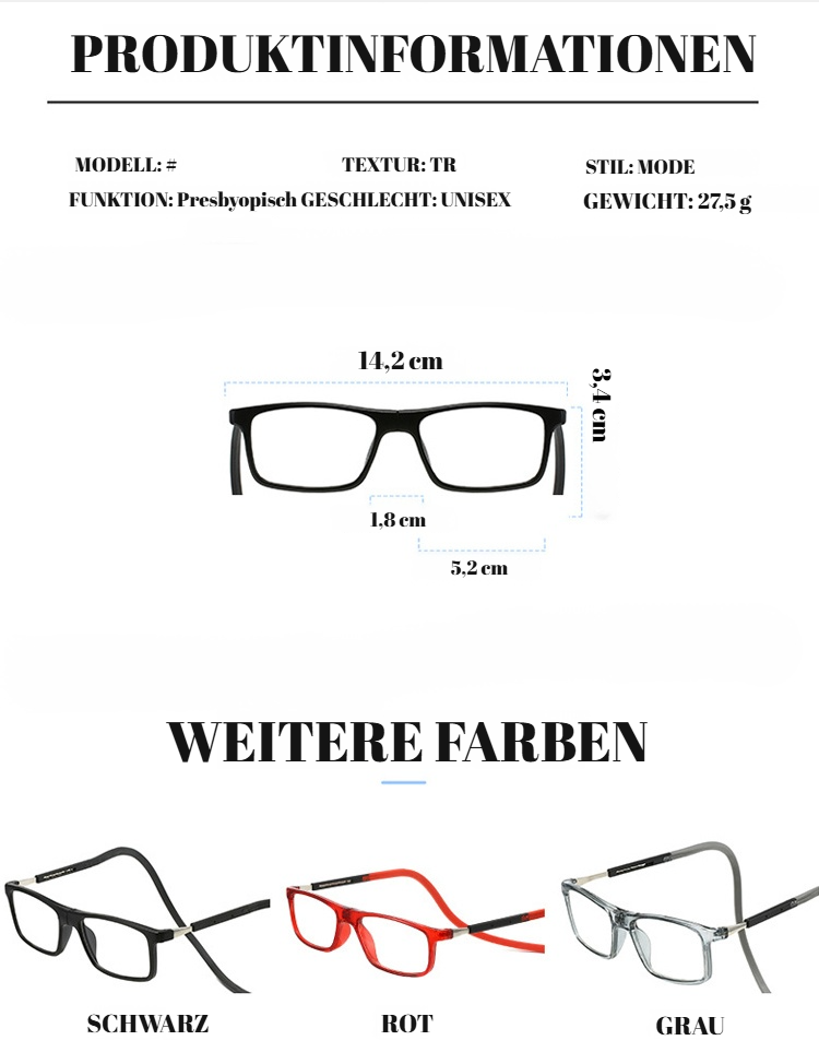 Senioren-Lesebrille mit Magnetverschluss – Umhängeband, Anti-Verlust, Blaulichtschutz