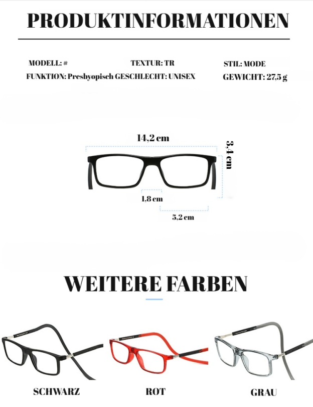 Senioren-Lesebrille mit Magnetverschluss – Umhängeband, Anti-Verlust, Blaulichtschutz