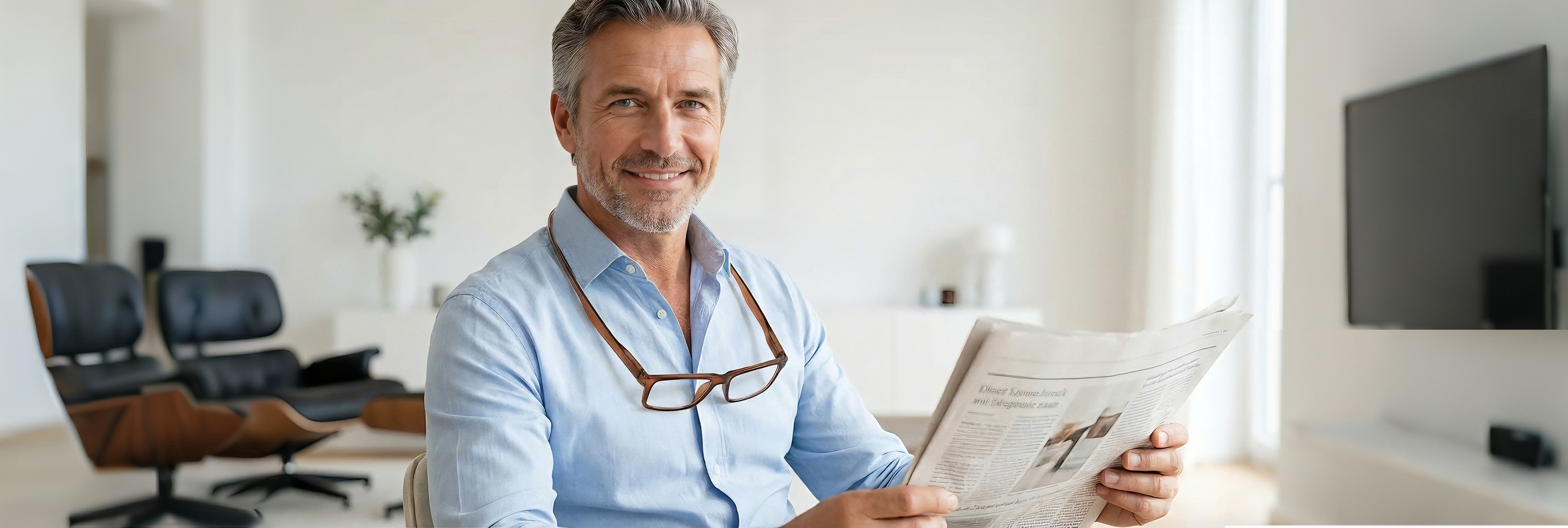 Um den Hals hängende Lesebrille