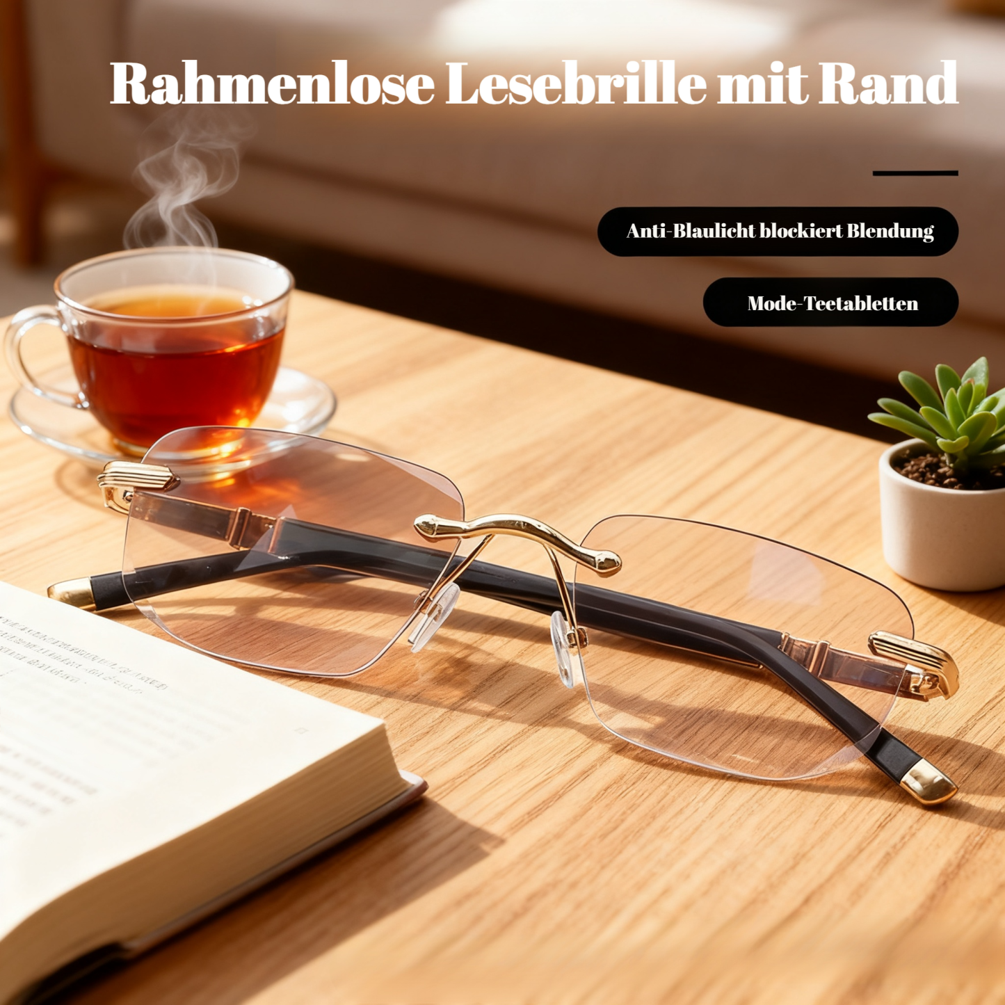 Elegante rahmenlose Lesebrille mit hochwertig gravierten diamantgeschliffenen Linsen