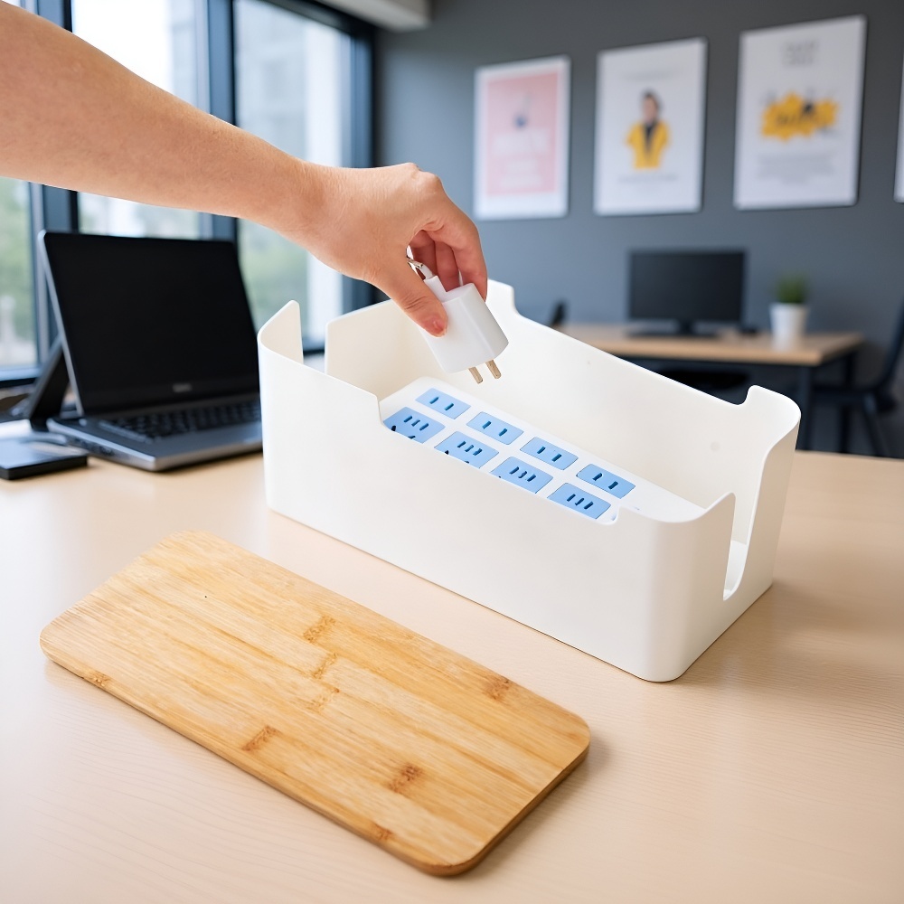 Desktop cable organizer box for power strips and data cables