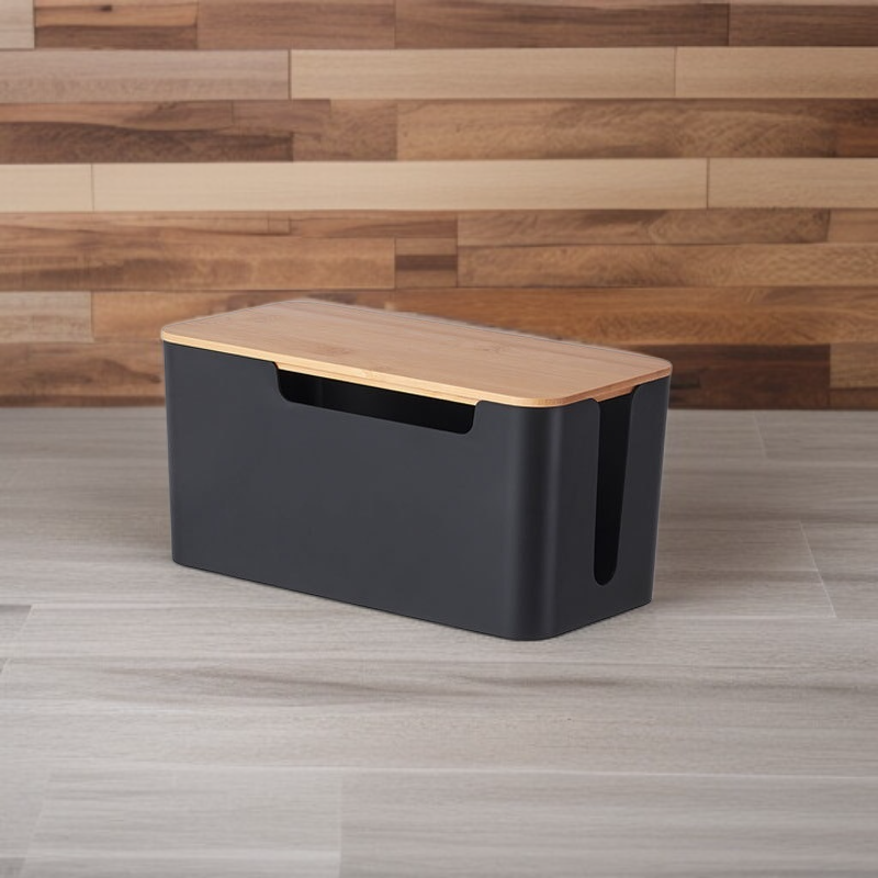 Desktop Power Strip Box with Bamboo Lid, Data Cable Organizer Storage Box