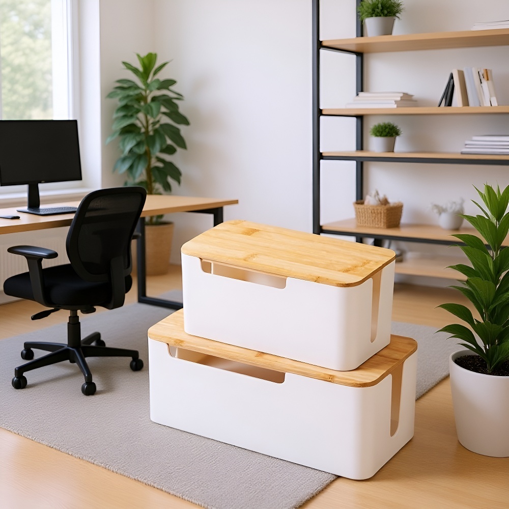 Modern bamboo lid cable management box for desktop