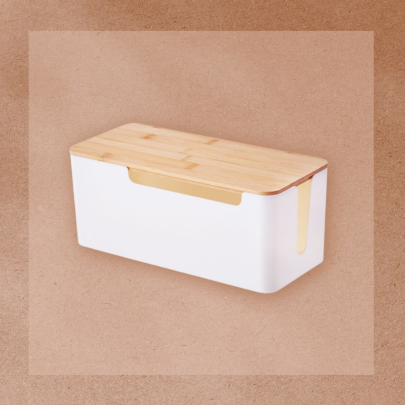 Desktop Power Strip Box with Bamboo Lid, Data Cable Organizer Storage Box