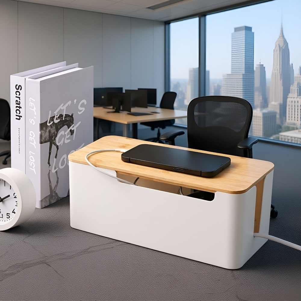 Power strip box with bamboo cover for workspace organization