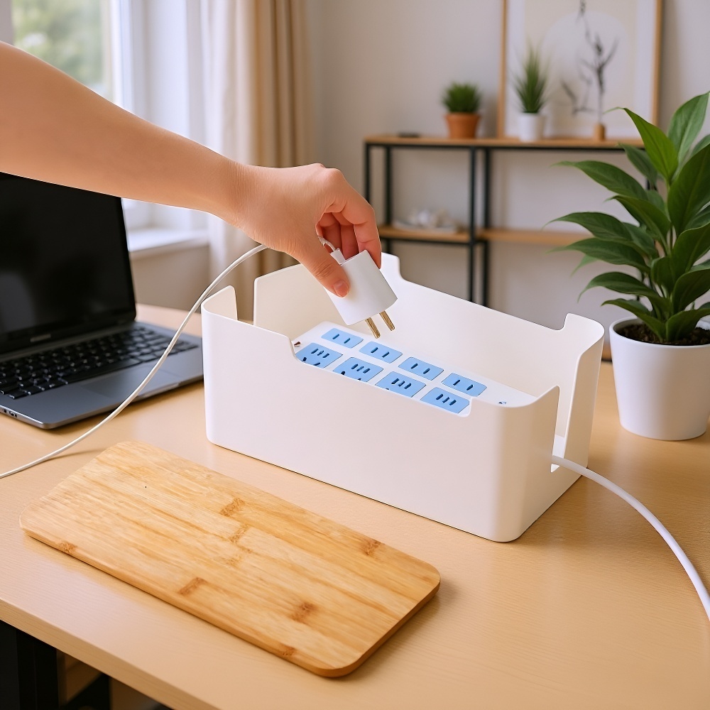 Desktop Power Strip Box with Bamboo Lid, Data Cable Organizer Storage Box