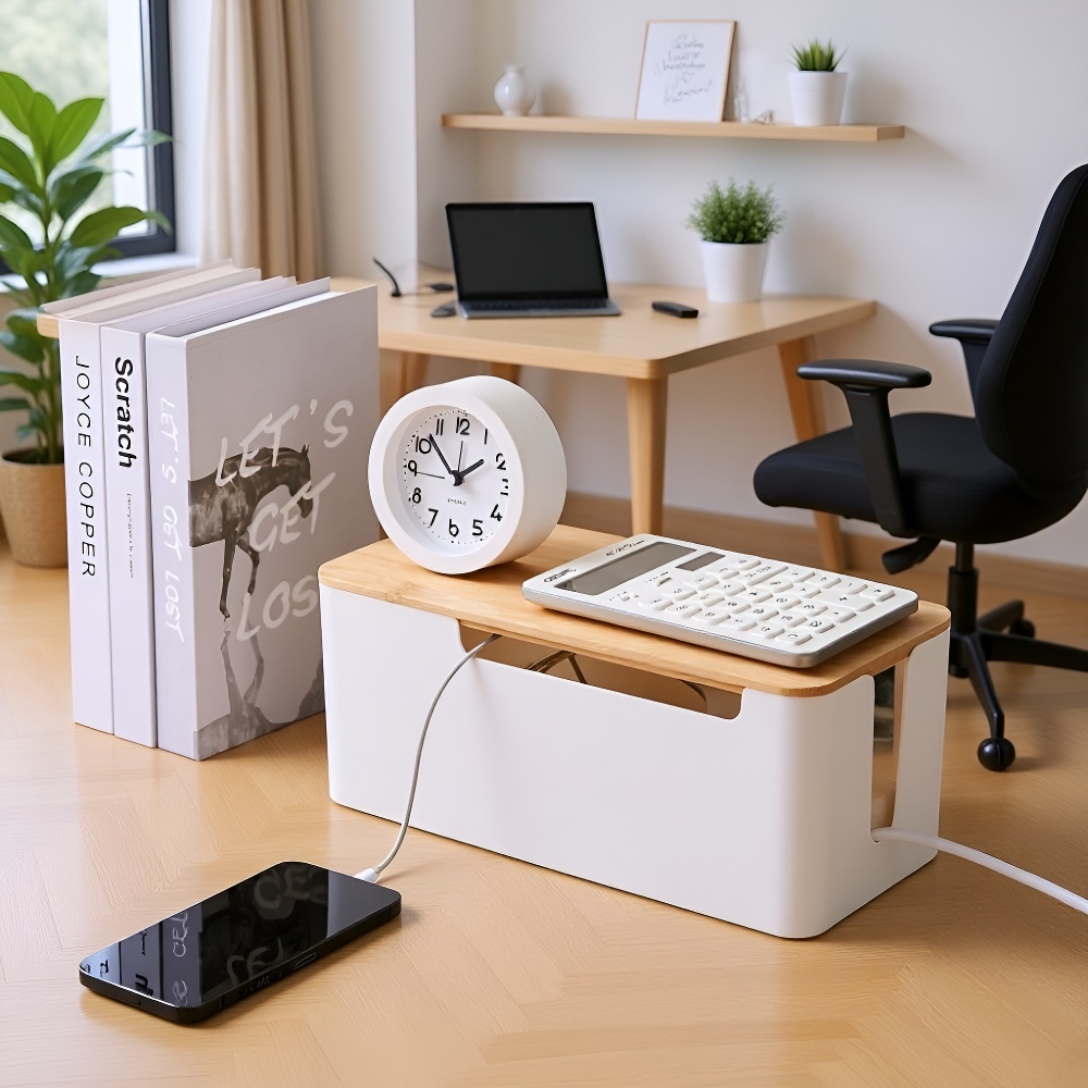 Desktop Power Strip Box with Bamboo Lid on office desk