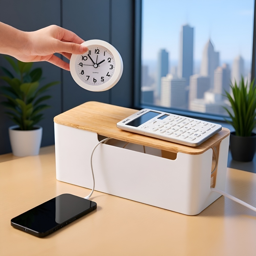 Desktop Power Strip Box with Bamboo Lid, Data Cable Organizer Storage Box