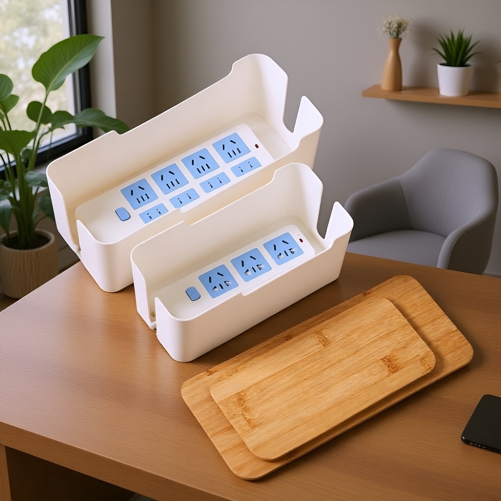 Desktop Power Strip Box with Bamboo Lid, Data Cable Organizer Storage Box