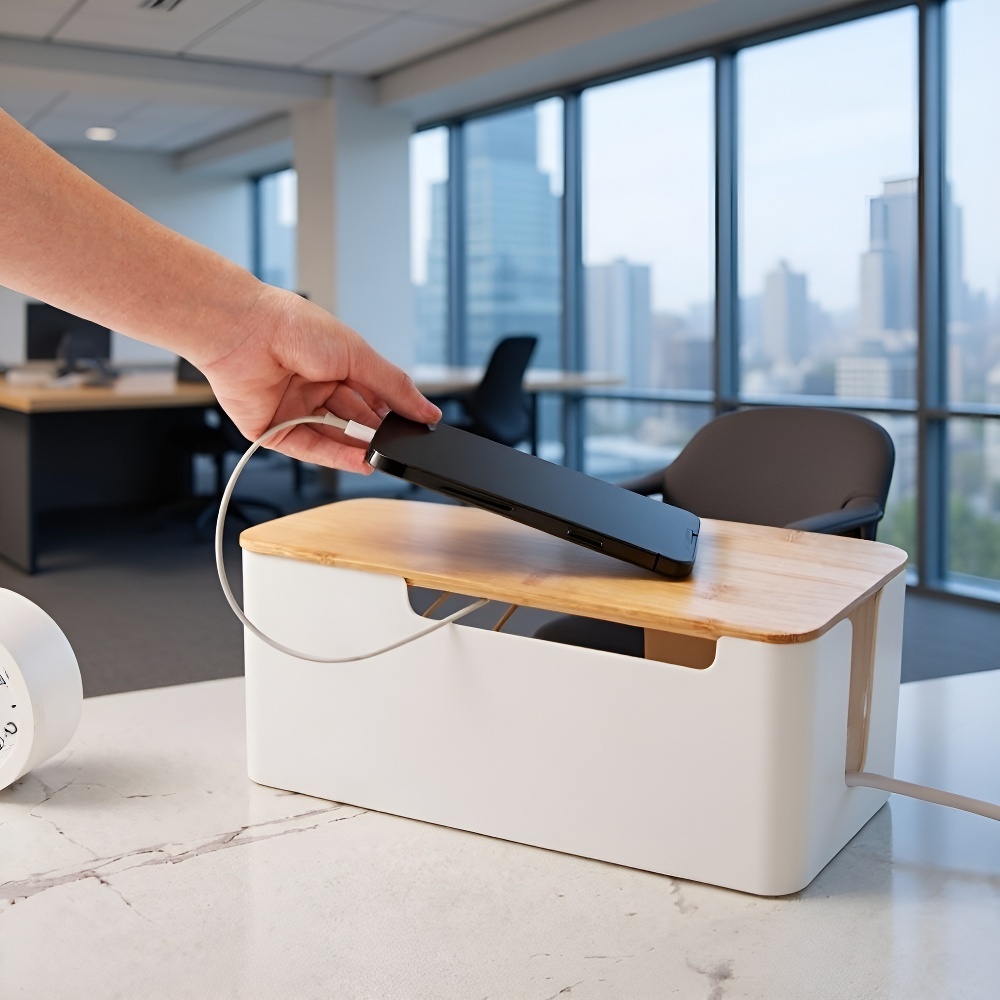Desktop Power Strip Box with Bamboo Lid, Data Cable Organizer Storage Box