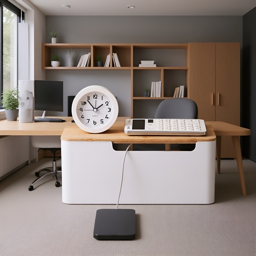 Stylish bamboo lid desktop cable storage solution