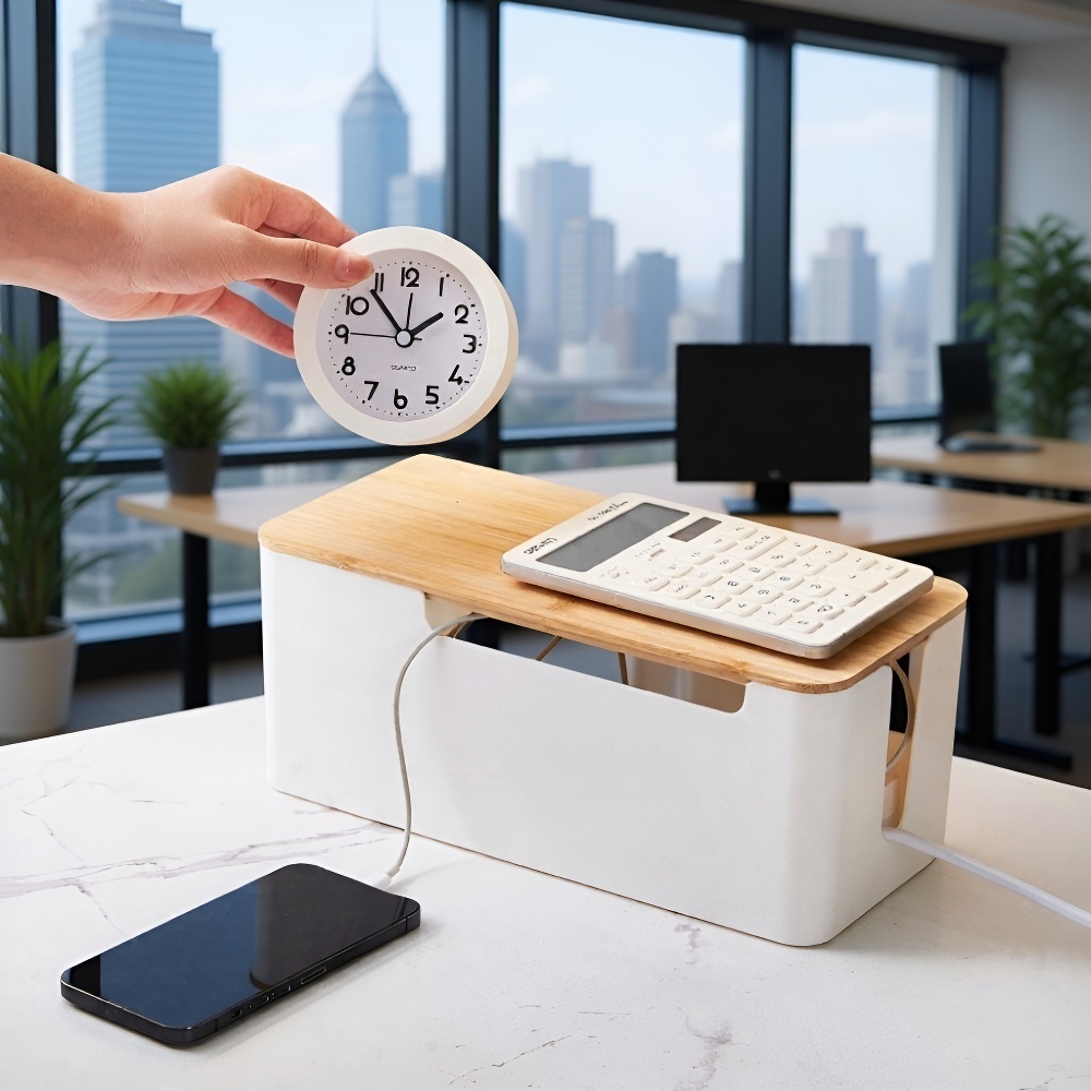 Home office desk with cable organizer storage box