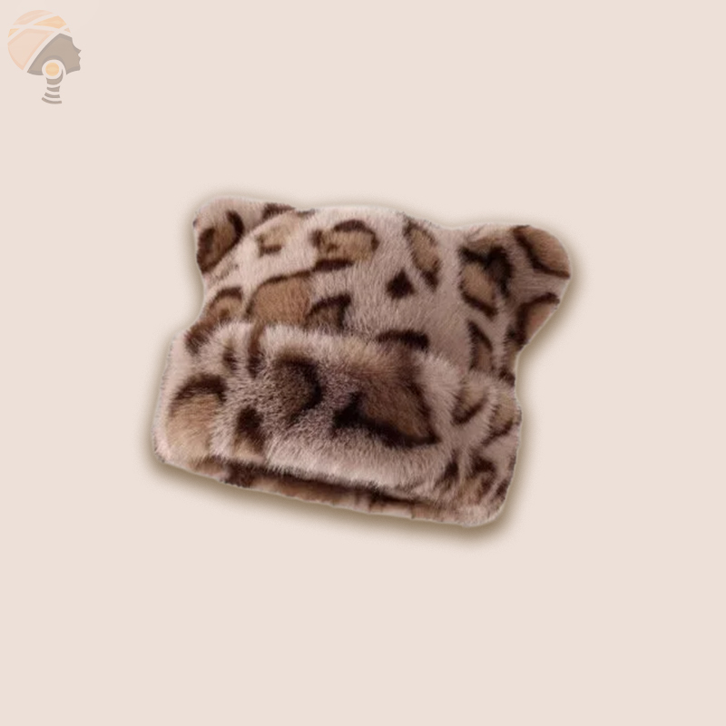 Dicke, warme Plüschmütze mit Leopardenmuster und Bärenohren