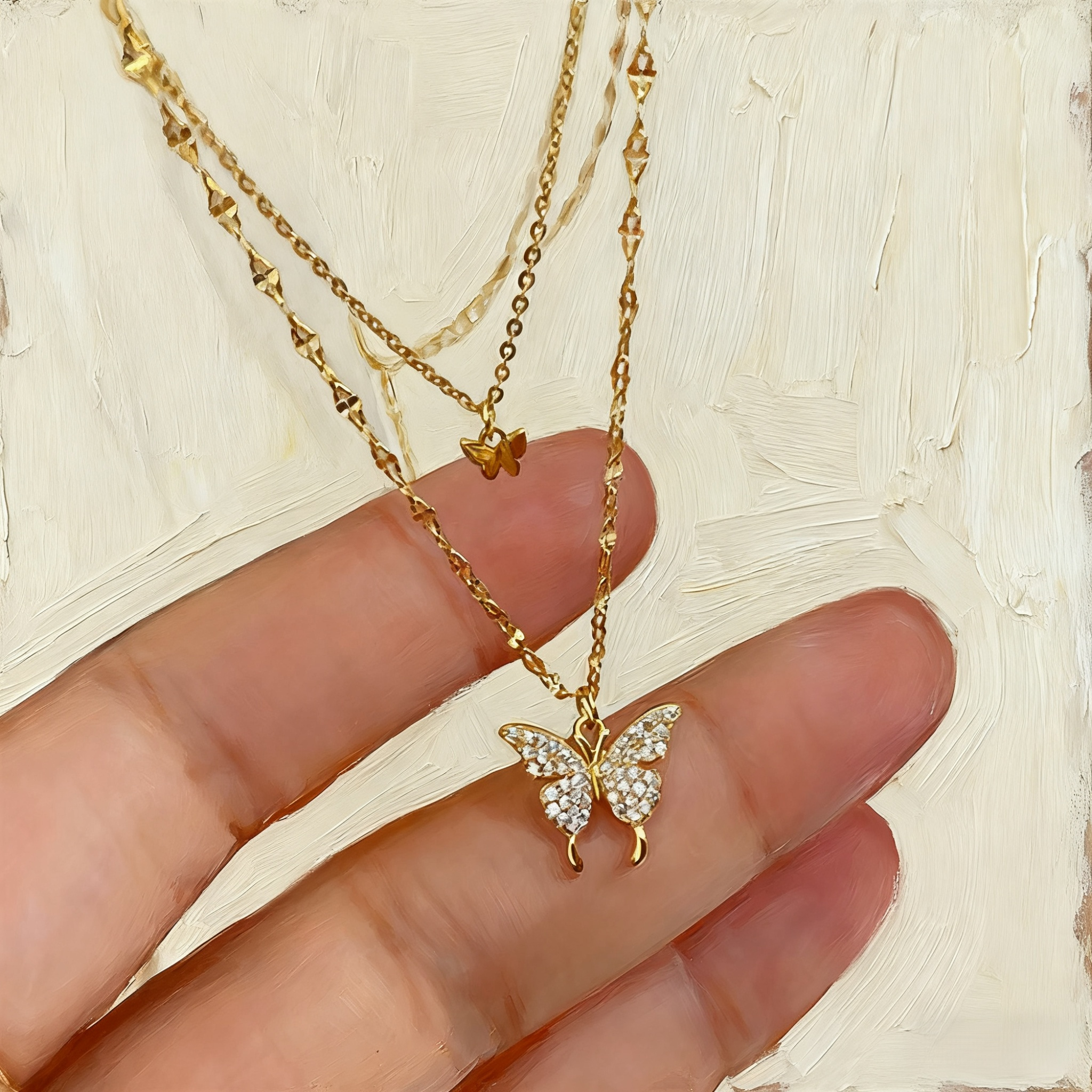 Elegante Schmetterlings-Strass-Halskette, doppellagige Kette für Damen